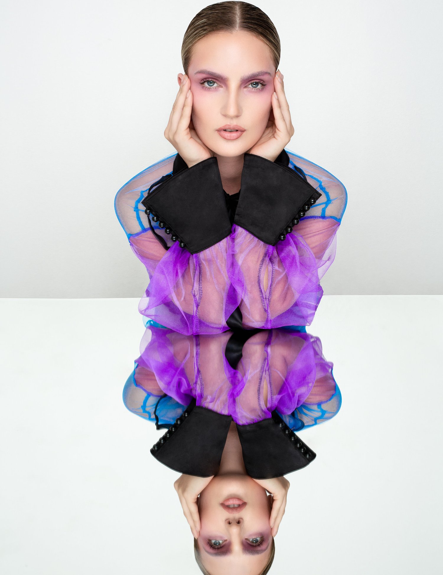 Editorial fashion with purple organza